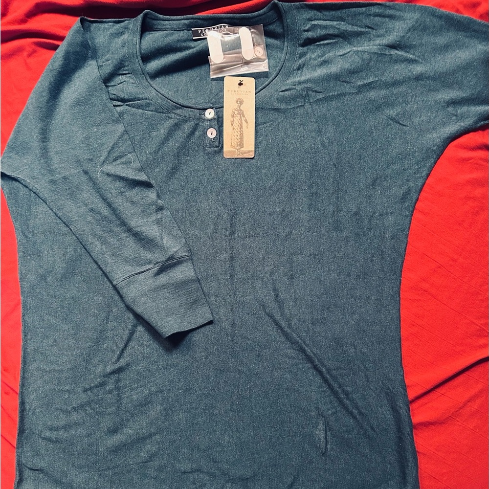 Peruvian Connection Deep Teal Long Sleeve Henley Tee Size Large NWT